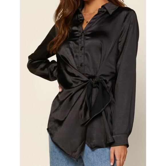 Skies Are Blue Tops - SKIES ARE BLUE XS black satin collared long sleeve button tie top blouse NWT 0B3